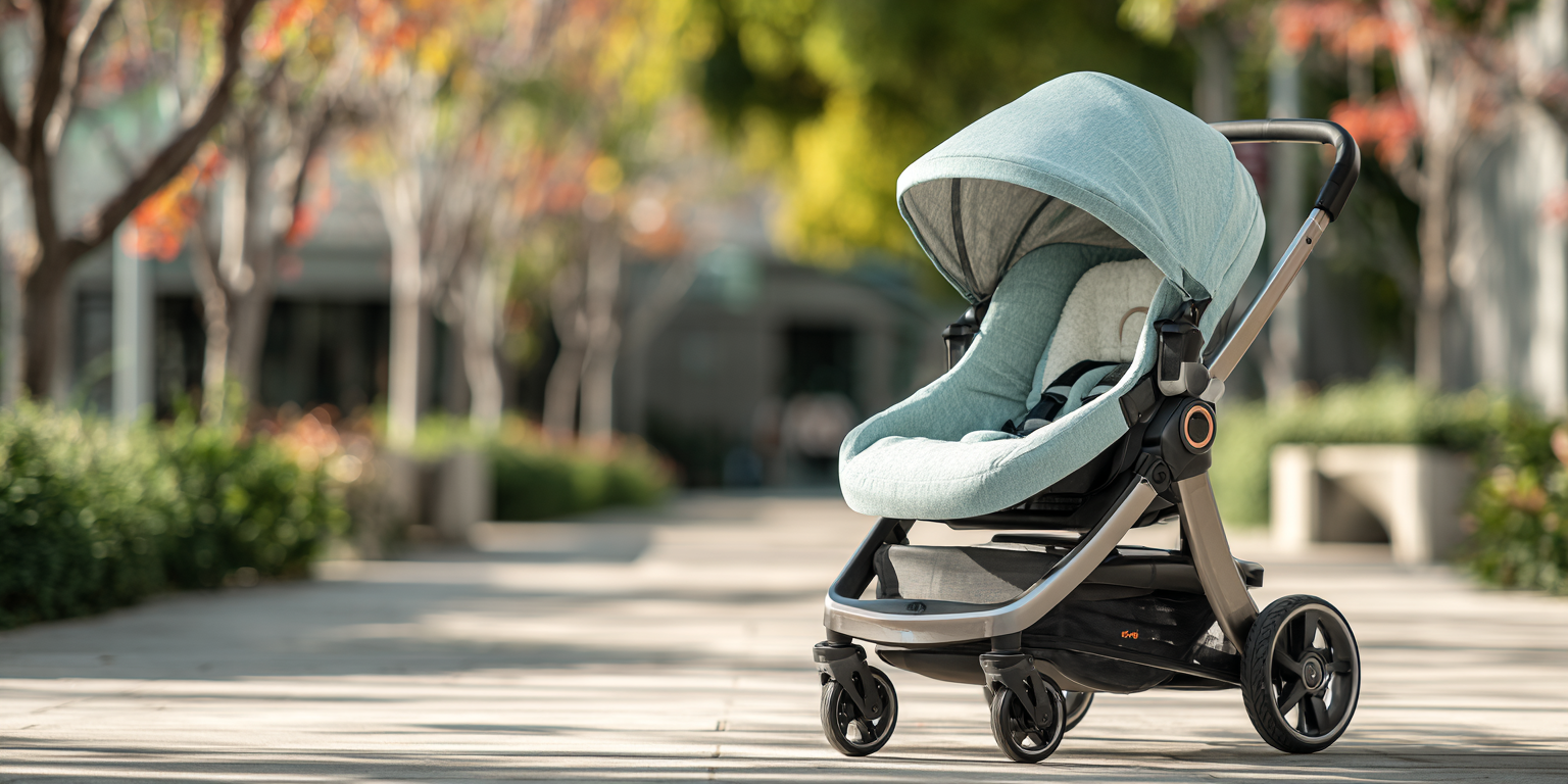Parent pushing travel system stroller with infant car seat attachment through park